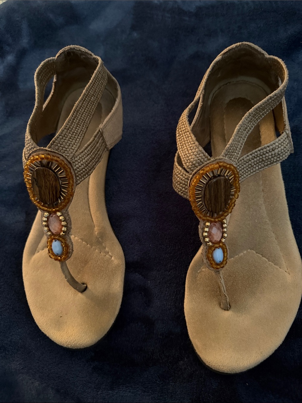 Beaded Taupe Womens T-Strap Sandals